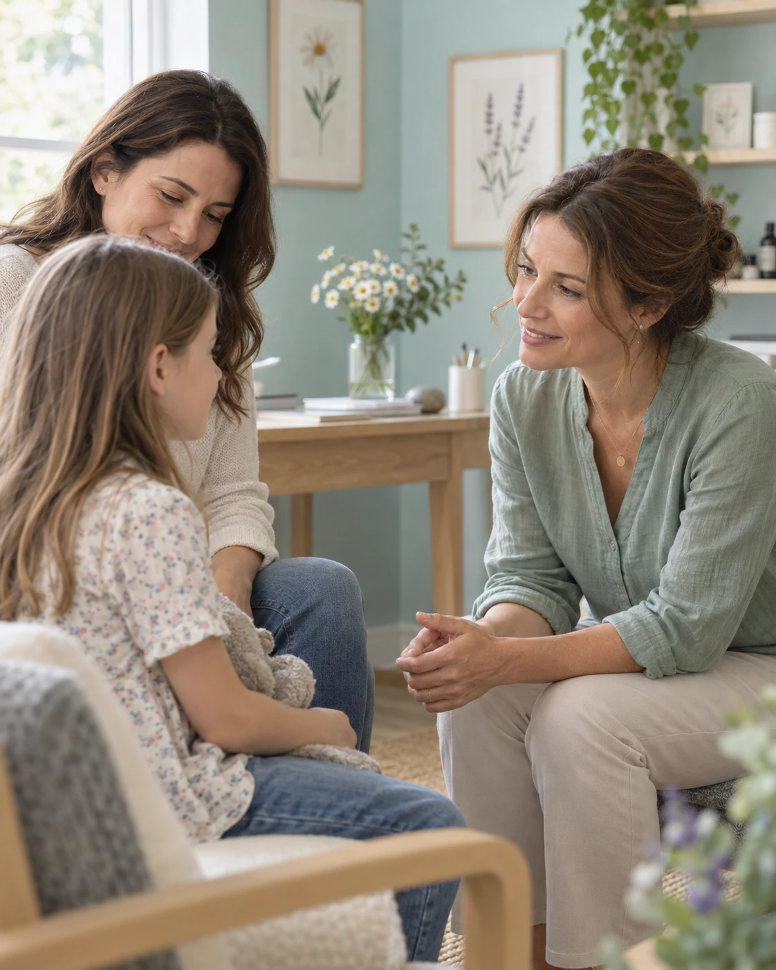 A homeopathic practitioner speaking with a child accompanied by a parent